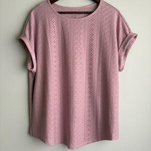 Dusty Rose Eyelet Lace Blouse XL (Estimated) Textured Short Sleeve Feminine Top